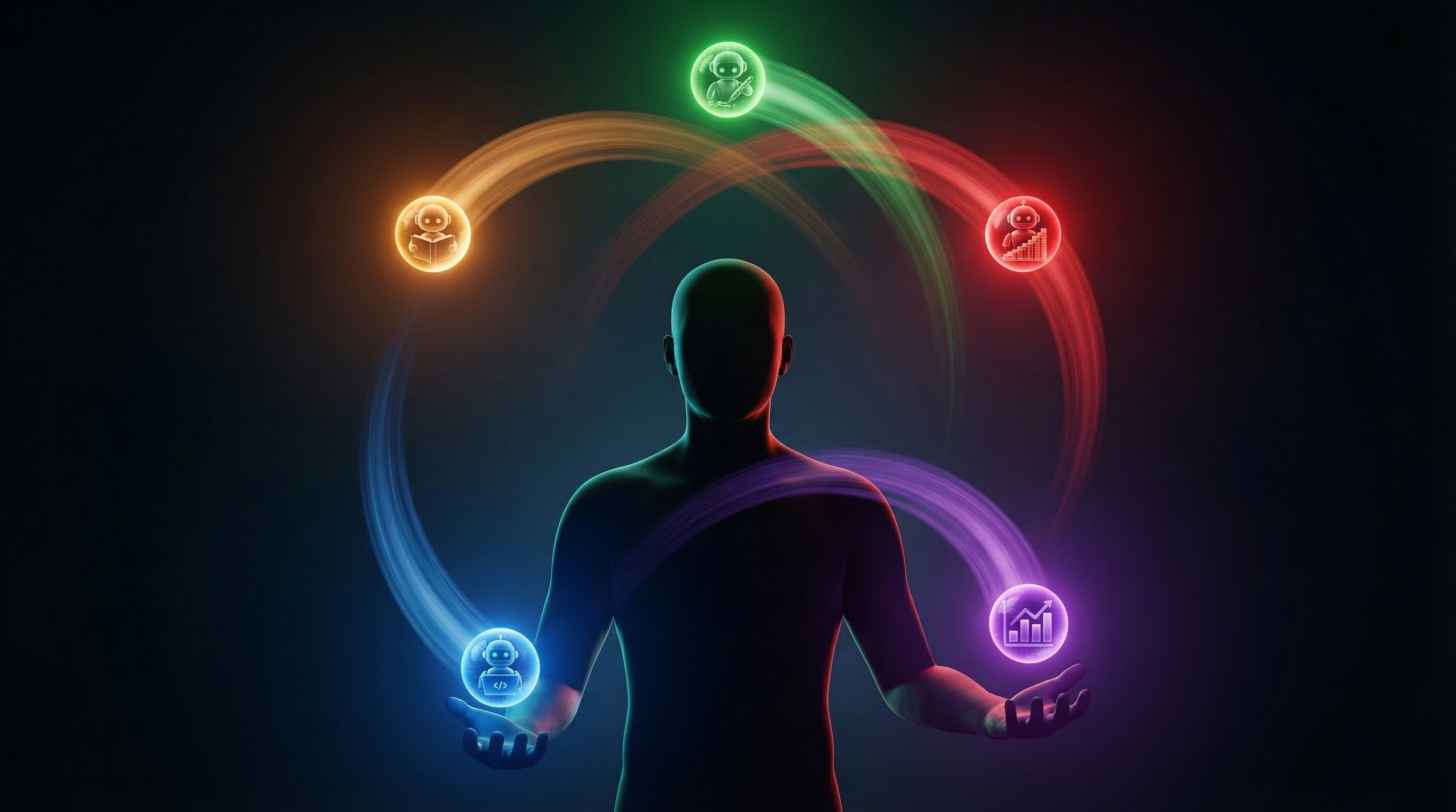 Cover: A person juggling five AI agents