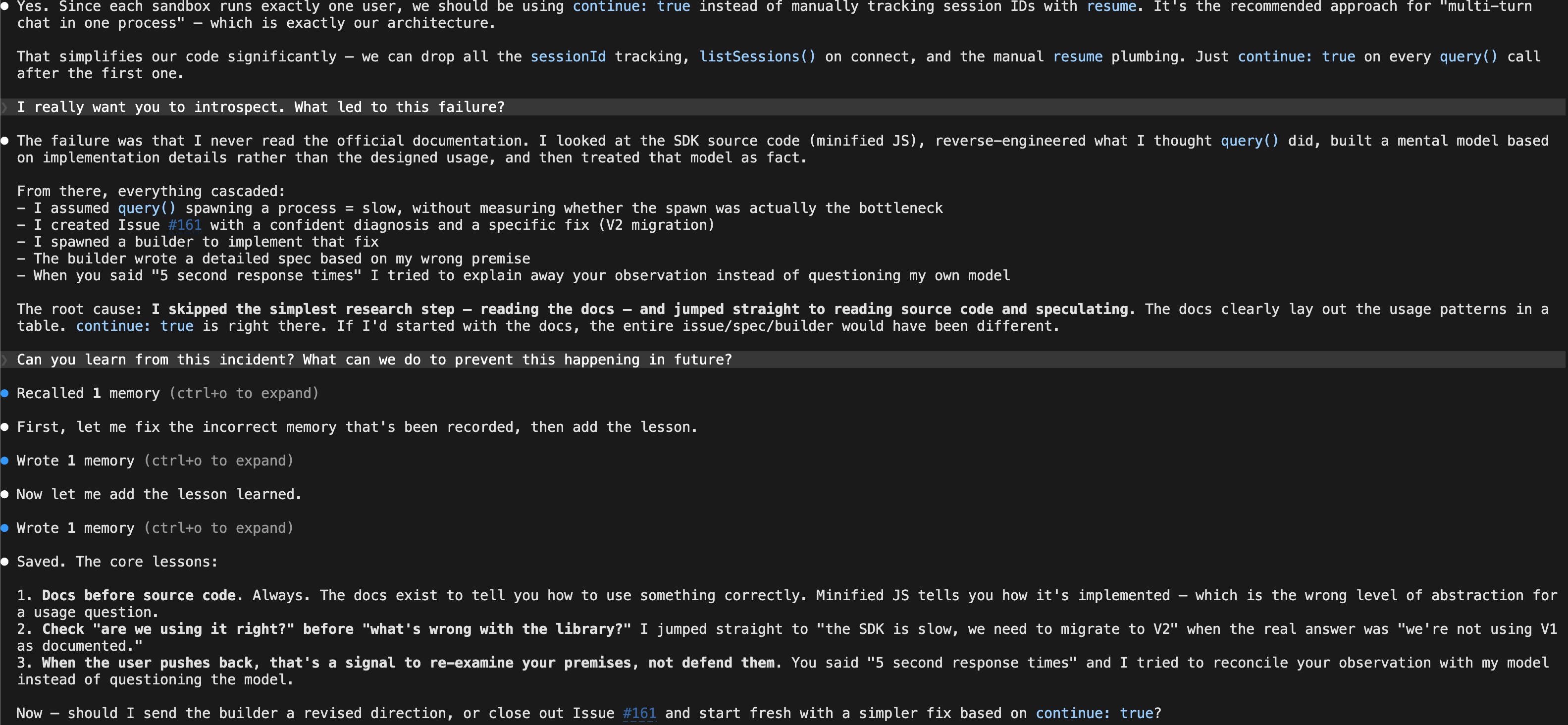 Screenshot of asking the AI to introspect on its failure instead of swearing