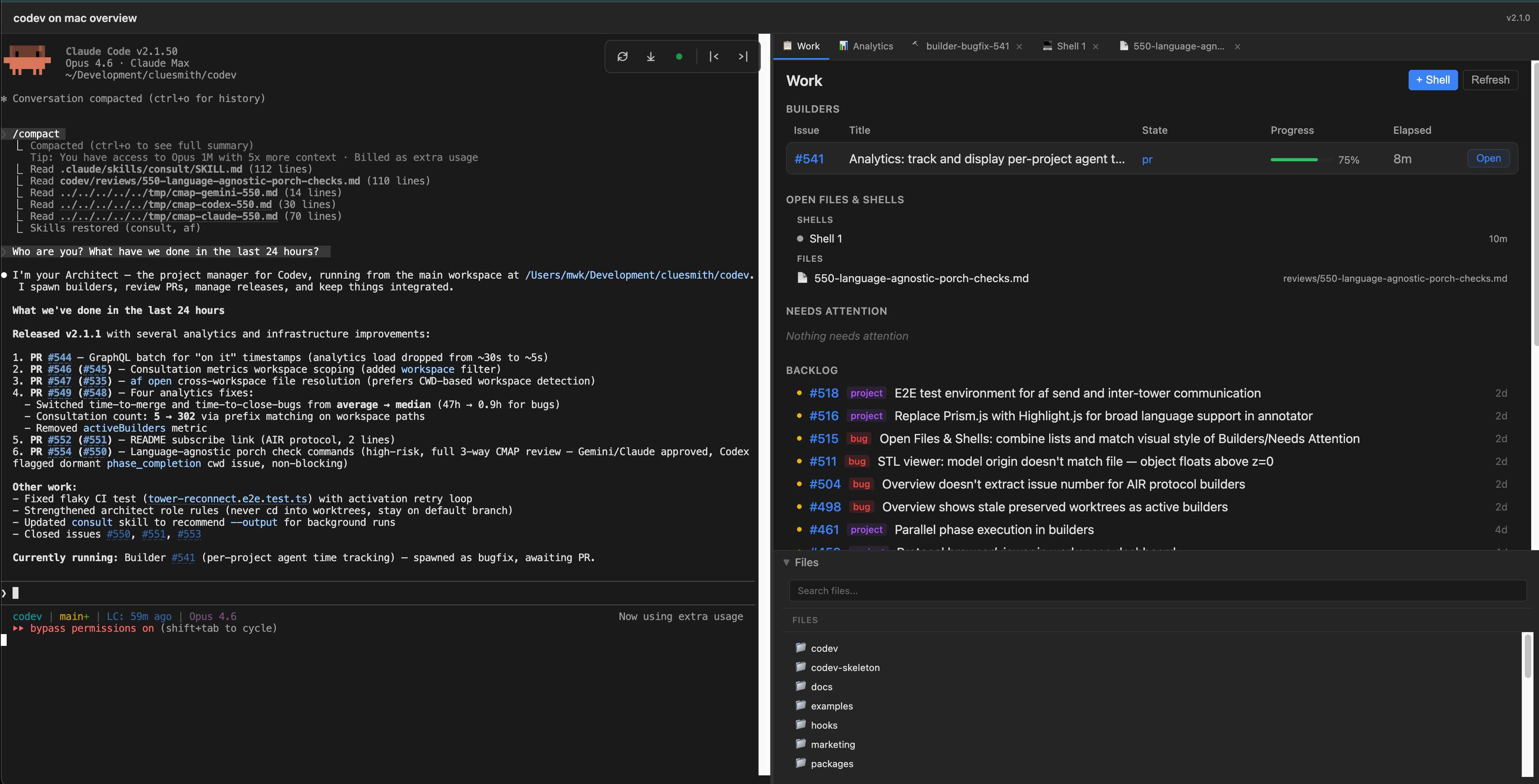 Codev on Mac — the Tower dashboard showing architect session and builder status